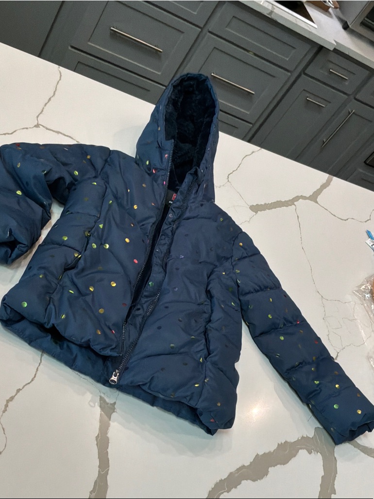 Girls Size 7/8 Medium Navy Hooded Puffer Jacket With Multicolor Dots Swisstech